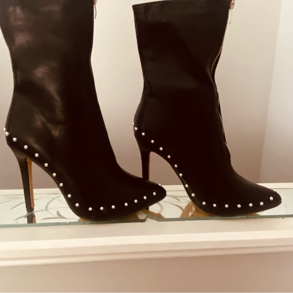 NWT Black pointed toe booty with silver stud edging, stiletto heels - Picture 2 of 7